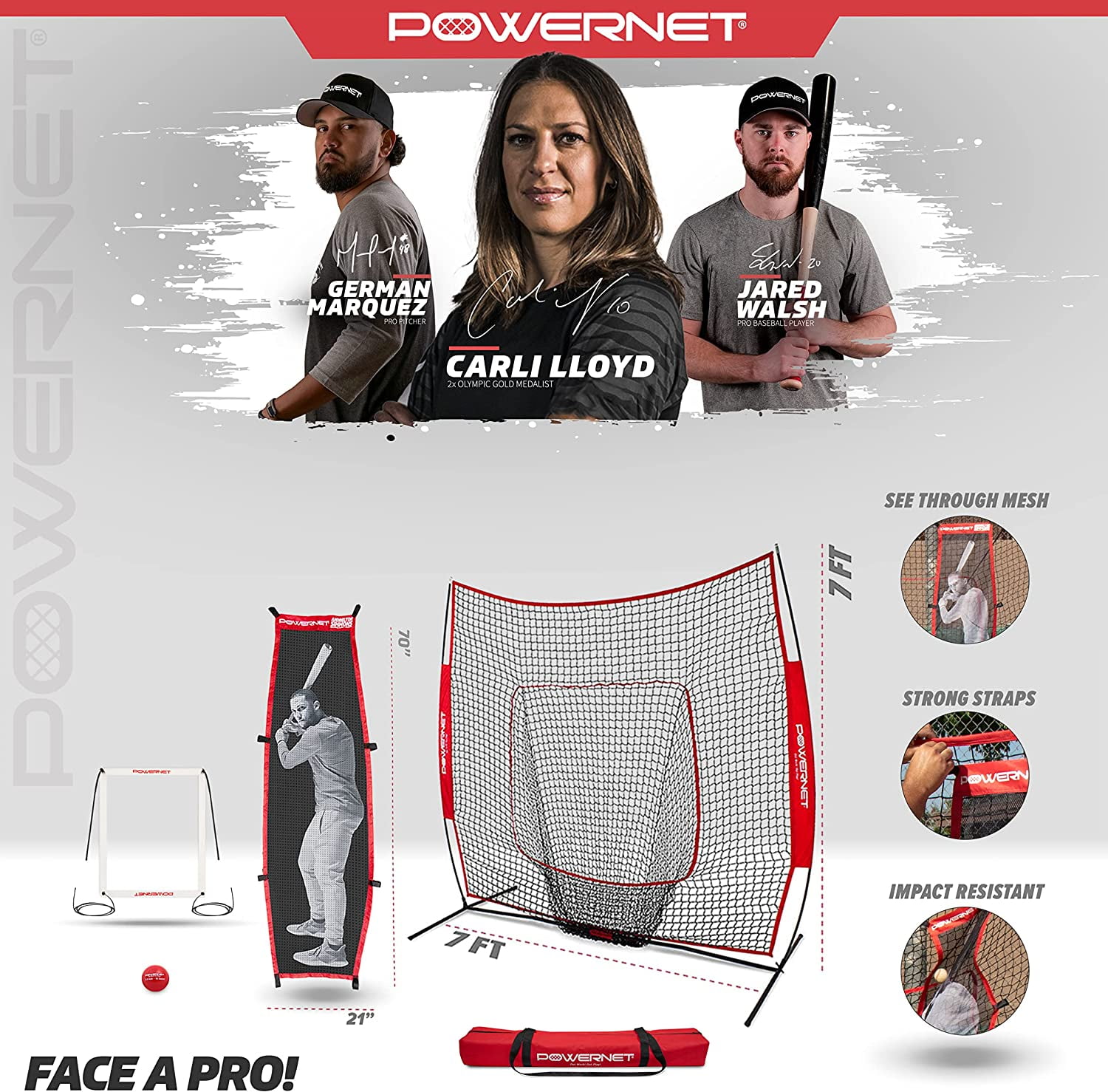 PowerNet 7x7' Softball Baseball Net with Stand-In Batter & Strike Zone, Pitching Aid Attachments, Improve Pitching Accuracy, Baseball Equipment for Pitching (7x7 Net w/ Stand-In Batter & Strike Zone)