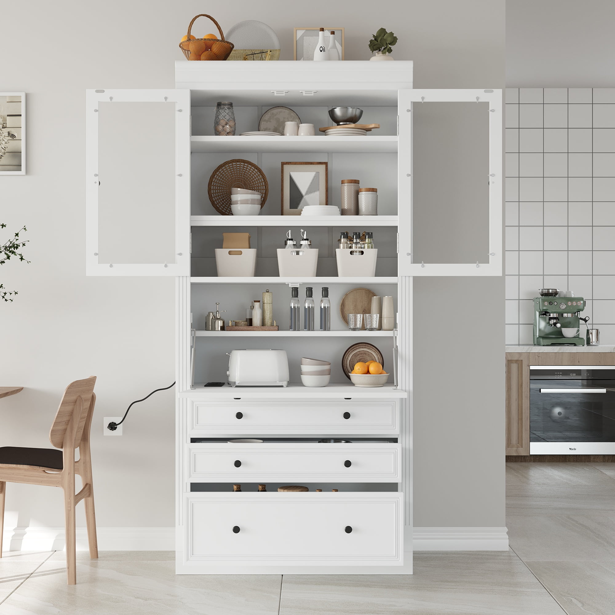 Euroco 36x16.5x78inch Freestanding Kitchen Pantry Storage Cabinet,Multifunctional Cupboard with 3 Drawers,Adjustable Shelves and Power Outlet for Dining and Living Room,White