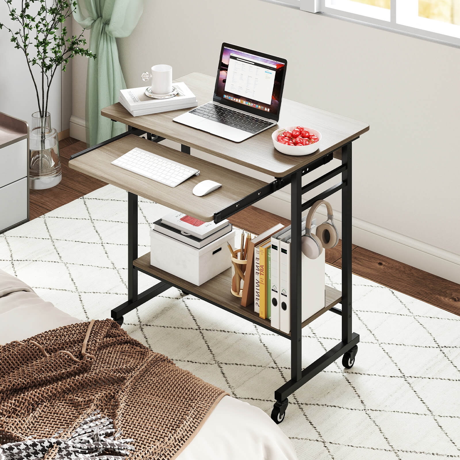 Costway Mobile Laptop Desk with Keyboard Tray, Lower Shelf, 3 Hooks, 4 Universal Wheels Gray