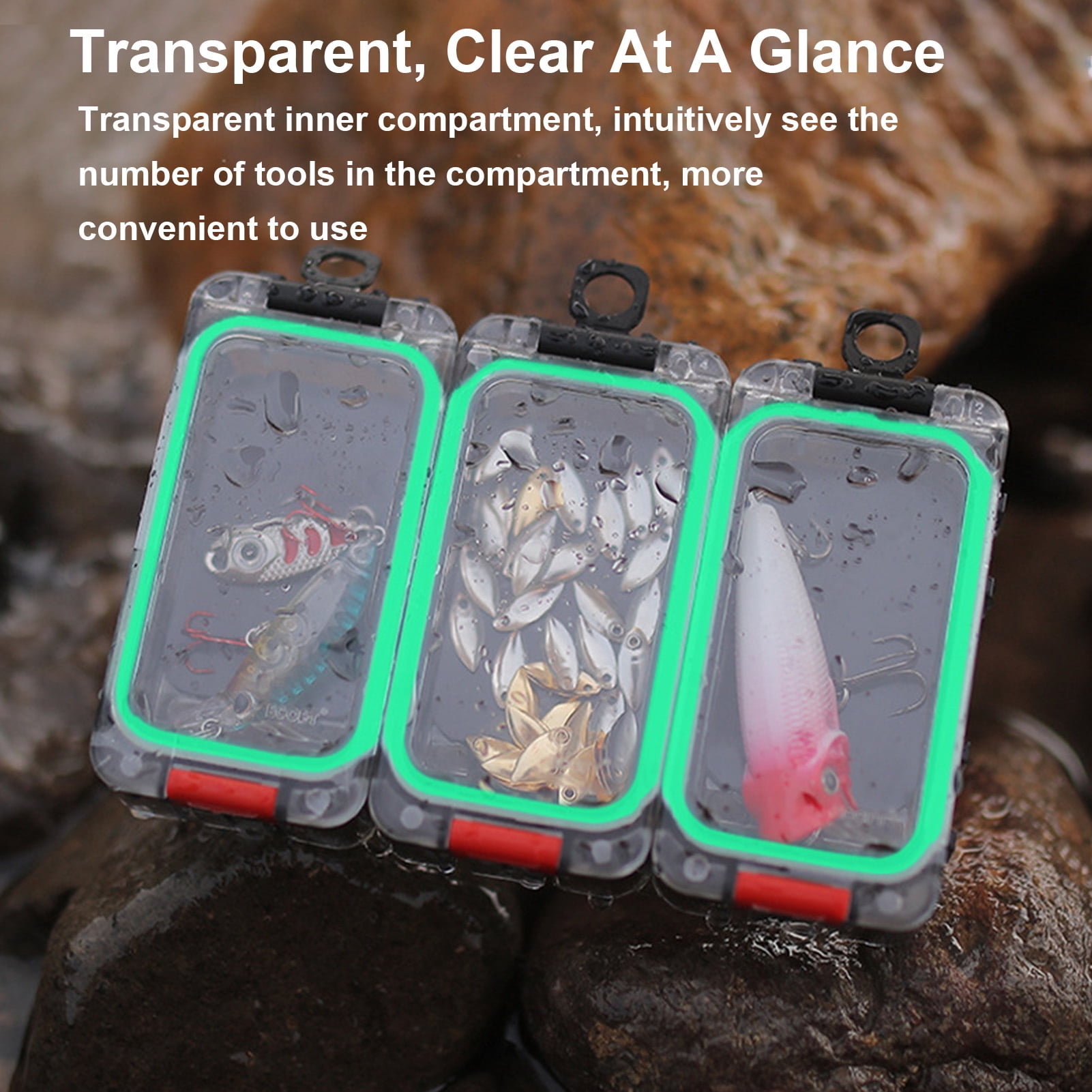Rupoun Spliceable Night Glow Fishing Tackle Box, Magnetic Waterproof Lure Bait Organizer Tool Container for Outdoors (Black Red, 3 Pieces, 5.12x3.15x1.18 inches / 13x8x3 cm)