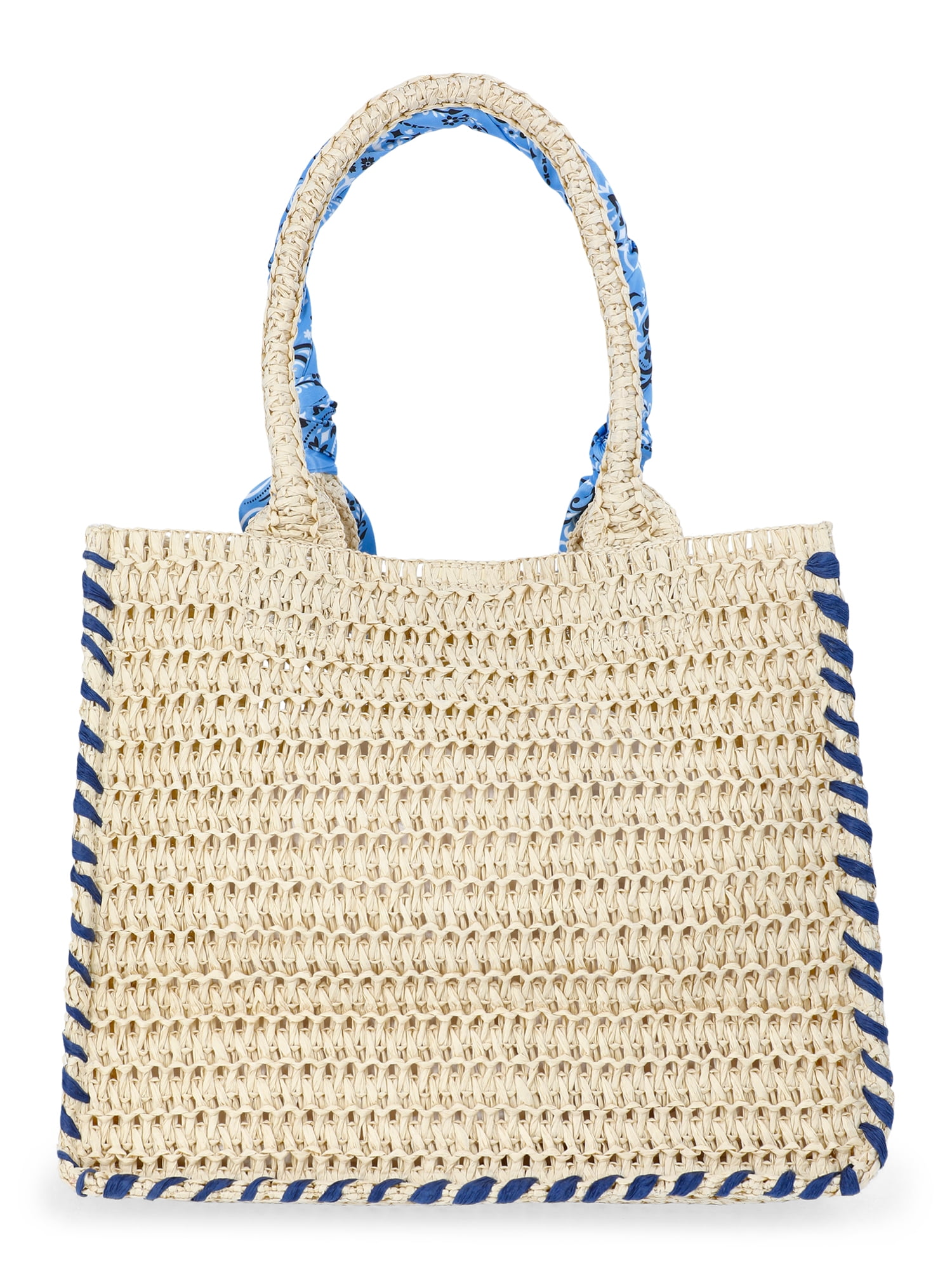 No Boundaries Women's Beach Icons Mini Straw Tote Bag, Light Natural with Fish Embroidery