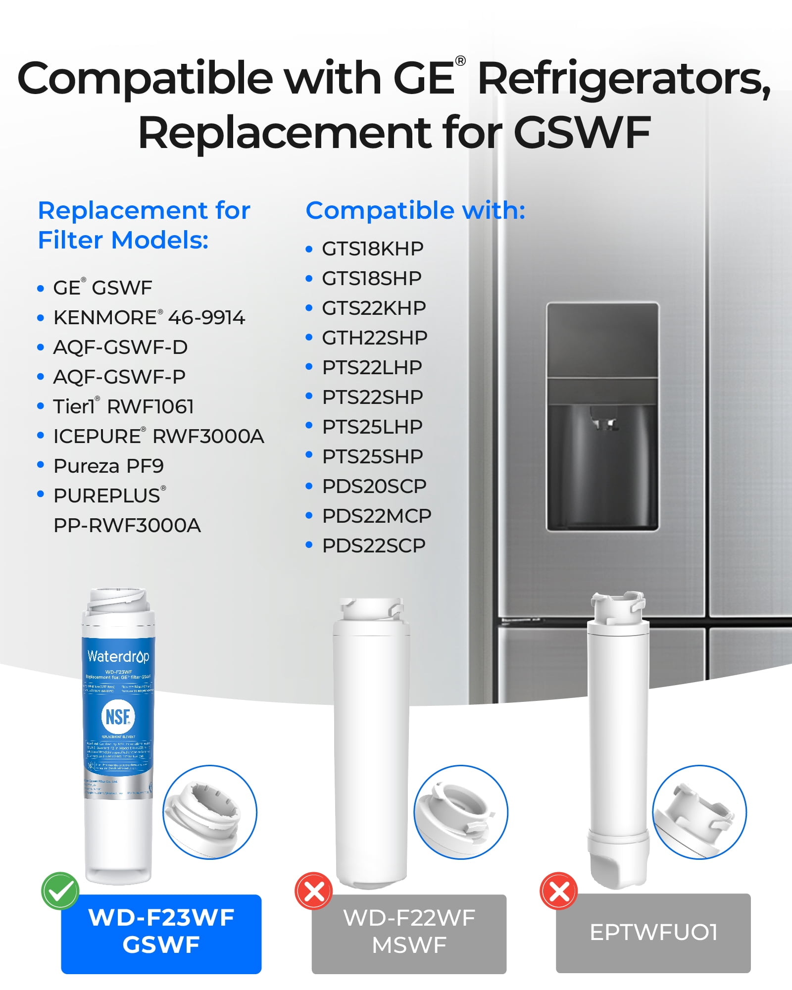(6 Pack) Waterdrop GSWF Refrigerator Water Filter, Replacement for GE® GSWF Smart Water 238C2334P001, GSWFDS, 100749-C, Kenmore 46-9914, 469914, 9914 Refrigerator Water Filter