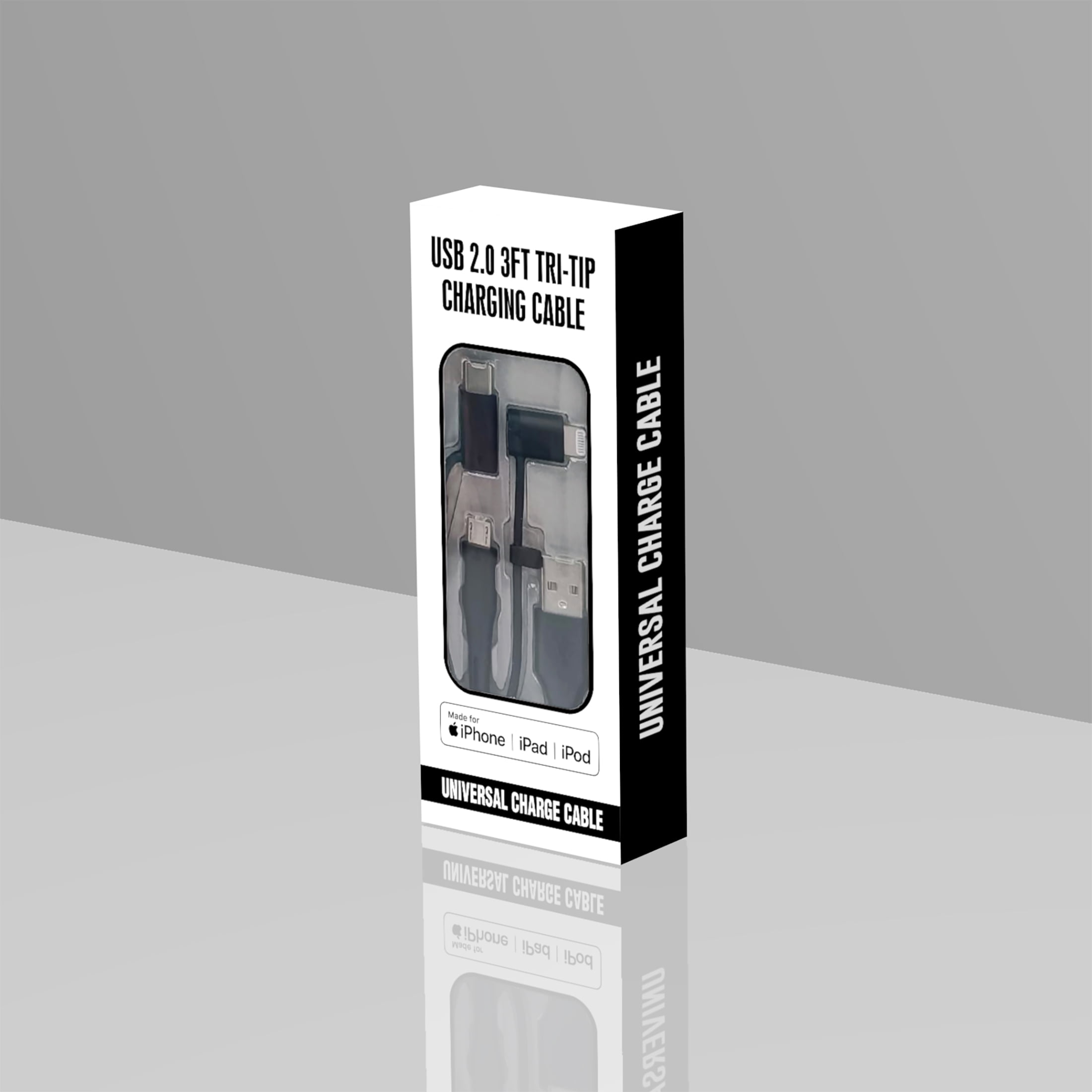 3 feet 3 in 1, USB Type-a to C, Lightning, Micro Charging Cable for iPhone iPad Smartphone, Black