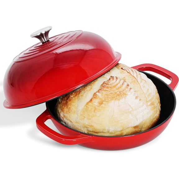 Dutch Oven - 10 Inch Red Enameled Cast  Bread Cloche for Artisan Bread Baking