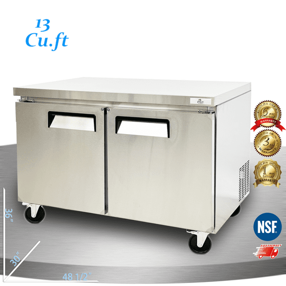 Cooler Depot 48 inch 13 cu.ft, 36" heigh Commercial Undercounter  Worktop Freezer, 2 Solid Doors, Stainless steel exterior, NSF certified.