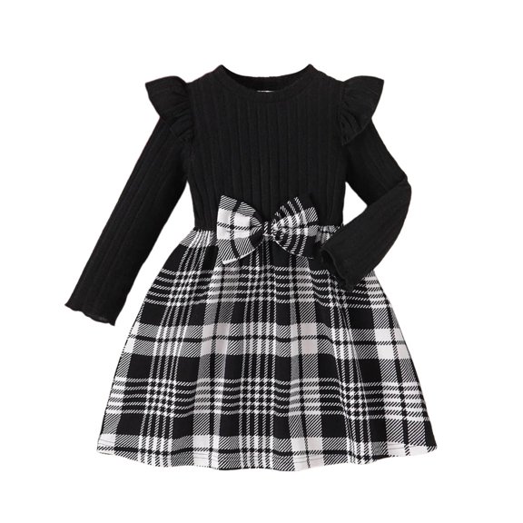 Fgnfyis Girls Dress Christmas Round Neck Bow Tie Plaid Print Long Sleeve Party Casual Holiday Toddler Girl Dresses 2-3 Years