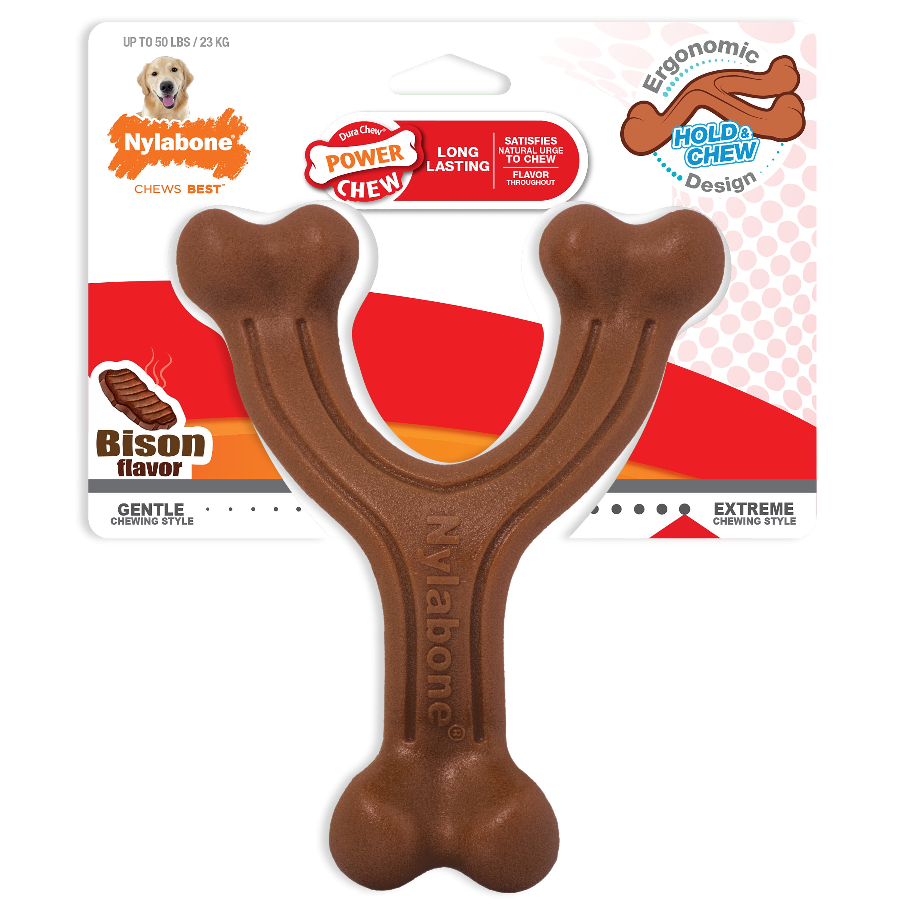Nylabone Ergonomic Hold & Chew Wishbone Power Chew Durable Dog Toy Adult Dog Ergonomic Bison Large/Giant (1 Count)