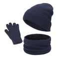 thumbnail image 2 of Naierhg Beanie 3Pcs/Set Ear Protection Letter Print Thickened Fleece Lined Hat Scarf Gloves Set Unisex Winter Solid Color Knitted Beanie Hat Neckerchief GlovesNavy Blue, 2 of 8