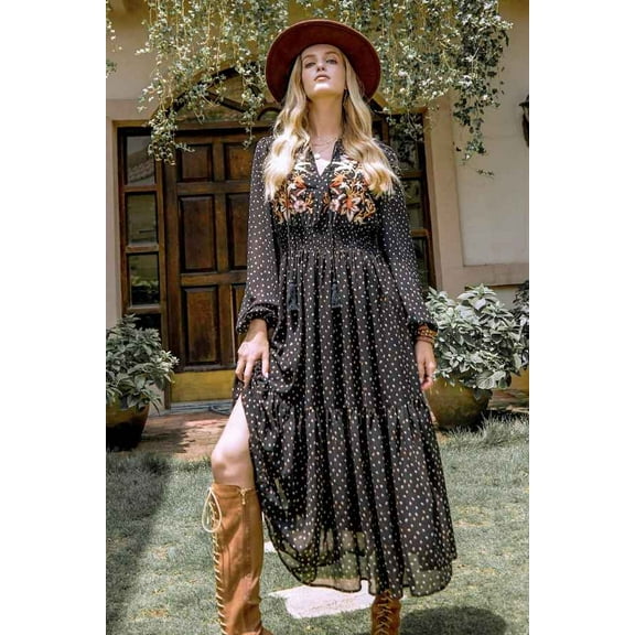 Fringe Tie Neck Floral Embroidery Polka Dot Dress (S, Black)