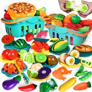 100 Pcs Food Set for Kids Kitchen, Pretend Food Toy for Toddlers Age 1-3, Plastic Cutting Fake Food/Fruit/Vegetable Accessories with 2 Baskets