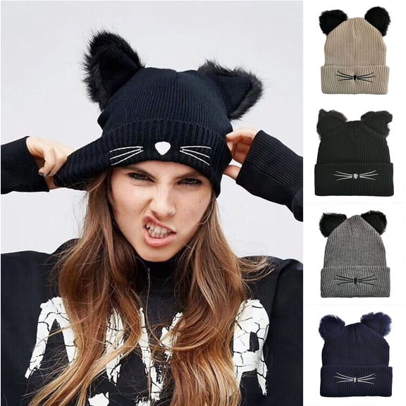 Womens Cute Cat Ear Hat with Embroidered Warm Knit Crochet Beanies Hat