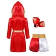 thumbnail image 5 of Sinleey Kids Boys Girls 3Pcs Boxing Suit Satin Hooded Boxing Robes with Boxer Shorts and Punching Sparring Gloves Set Burgundy&Yellow 12, 5 of 9