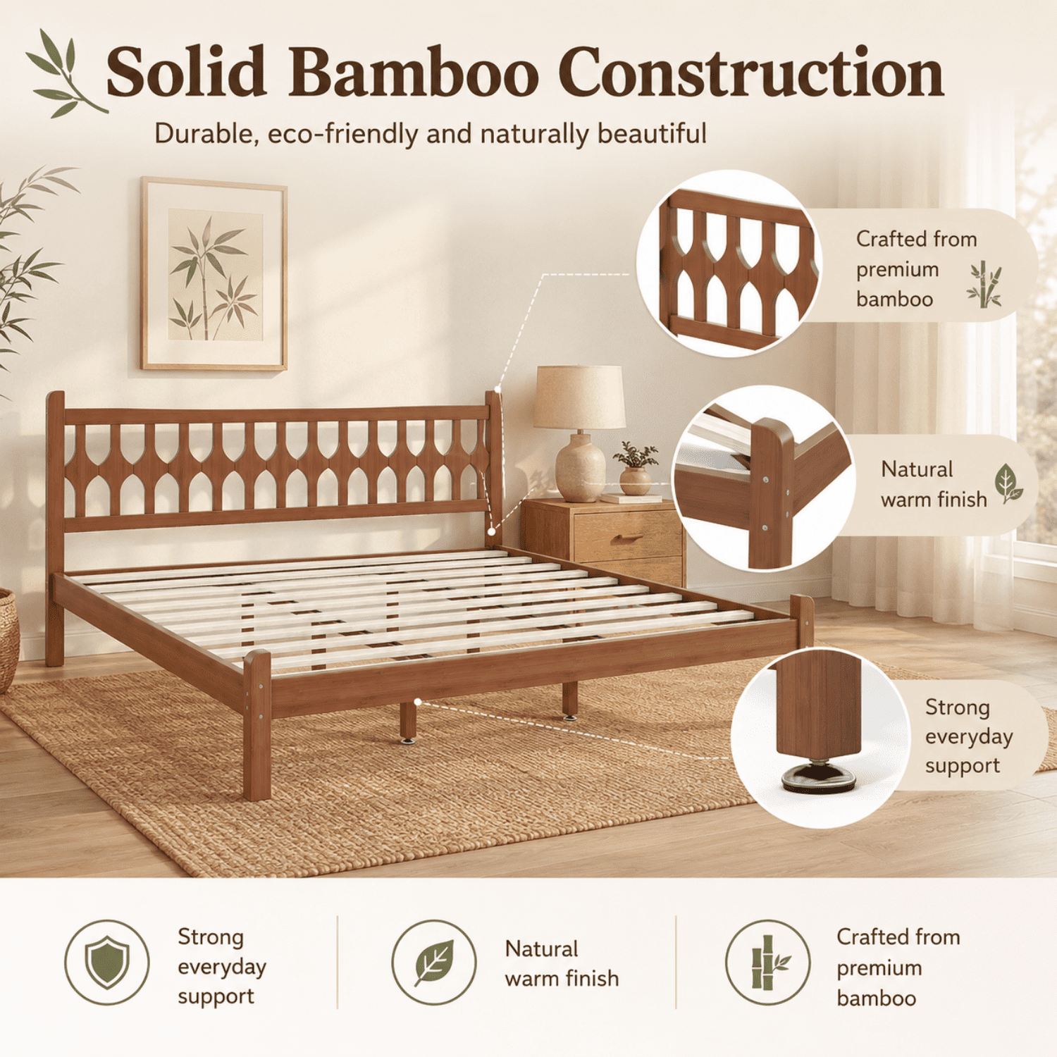 Miniyam King Size Bamboo Platform Bed Frame with Geometric Headboard, Brown