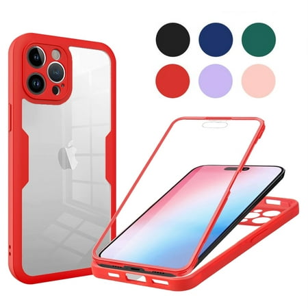 UUCOVERS Cell Phone Case for iPhone 15 Pro Max with Front Screen Protector, 360-degree Full Body Rugged Protective Cover Anti-Yellowing Clear Slim Thin Bumper Basic Case, Red
