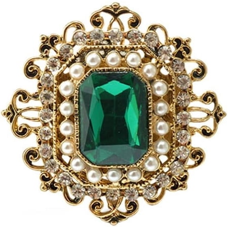 Soleilie Vintage Baroque Style Emerald Green CZ Brooch for Women – Gold-Tone Rectangle Pin with Faux Pearls & Clear CZ Accents, Elegant Jewelry Gift for Weddings & Holidays