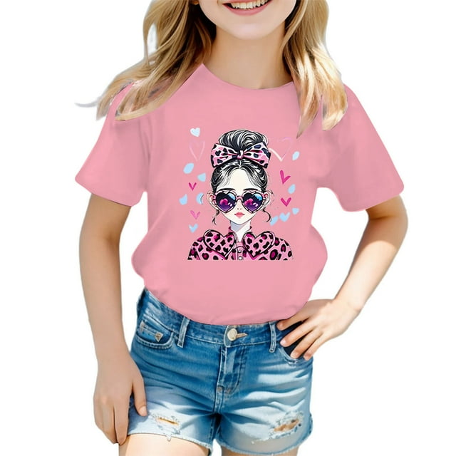 Hauts d'Été pour Filles en Bas Âge T-Shirts Mode Décontractée Graphique Col Rond Manches Courtes Pull T-Shirt Quotidien Printemps pour Enfant 3-4 Ans