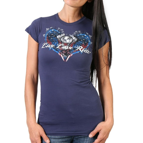 Hot Leathers GLD1297 'Live,Love, Ride' Ladies Angel Wings Navy Blue  T-Shirt 2X-Large