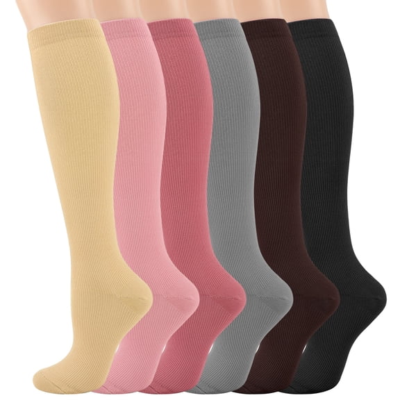 Hengguang 6 Pairs L/XL Size Compression Socks for Women Men, 20-30 mmHg Non-Slip Knee High Socks - Circulation Support for Nurses, Travel, Running, Soccer