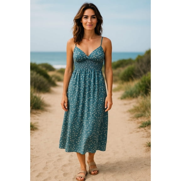 Women Summer Dress Small Floral Design Spaghetti Strap Padded Bra Thin Stripes Midi Length Dress.