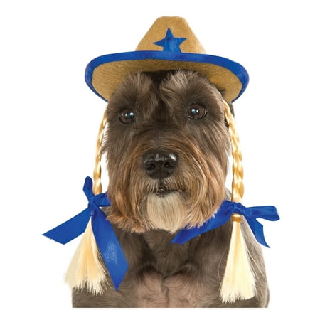 Pet Dog Cat Western Cowgirl Sheriff Blue Costume Hat With Braids-S-M