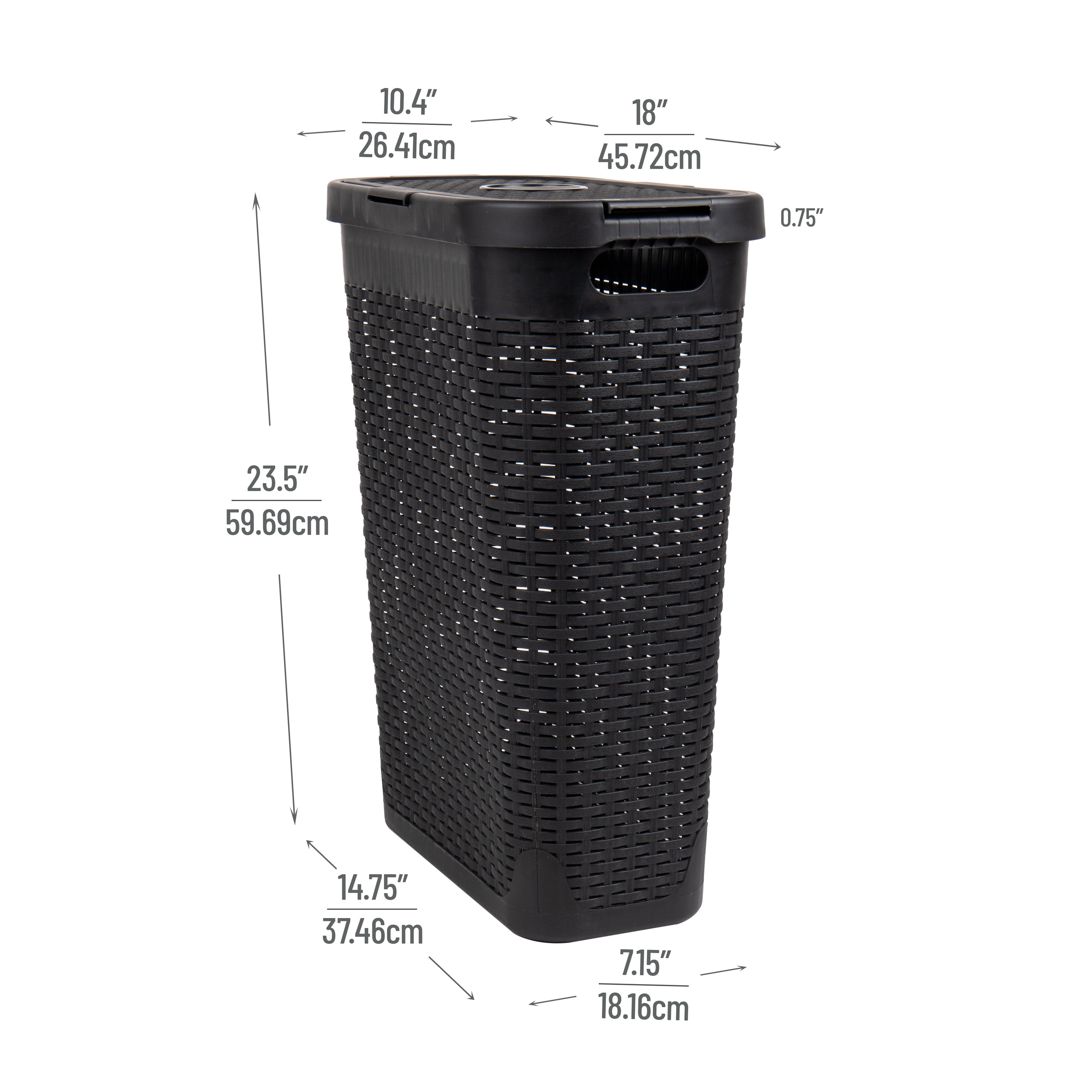 Mind Reader 40L Slim Laundry Hamper, Clothes Basket, Lid, Wicker Design, Plastic, 18"L x 10.4"W x 23.5"H, Set of 3, Black