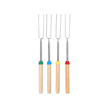 Wildeer | Roasting Sticks Extendable | Stainless Steel Skewers | Wooden Handle | BBQ Fork | 32in | Smores, BBQ, Marshmallows (4 Extendable Sticks)