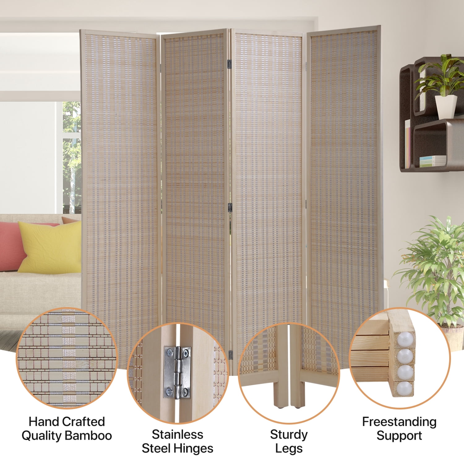 Bamboo Room Dividers with 4 Panel Folding Privacy Screen for Room Separation 72" Room Partitions and Dividers Freestanding Wall Divider for Home Office, Bedroom, Natural