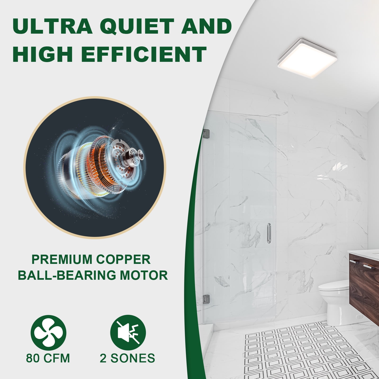 Akicon Bathroom Exhaust Fan with Light, 80CFM 2.0 Sones, Adjustable 3CCT LED, Nightlight, Silver