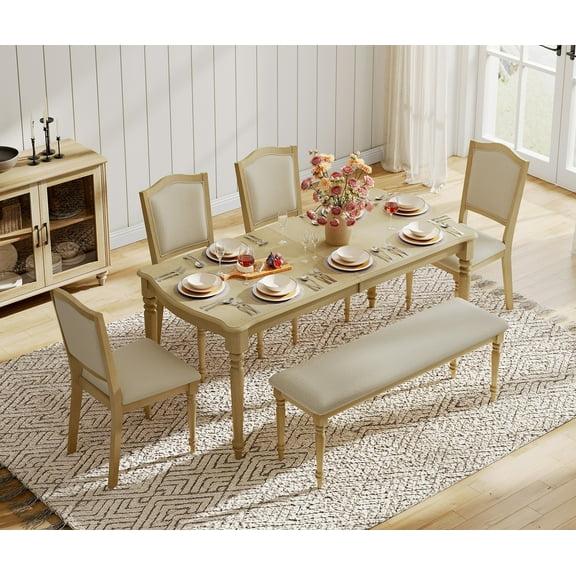 6 Piece Dining Table Set for 6-8 People - Includes One Dining Table, 1 Upholstered Benches and 4 Wood Dining Chairs, Rustic Dining Set for Kitchen, Oak