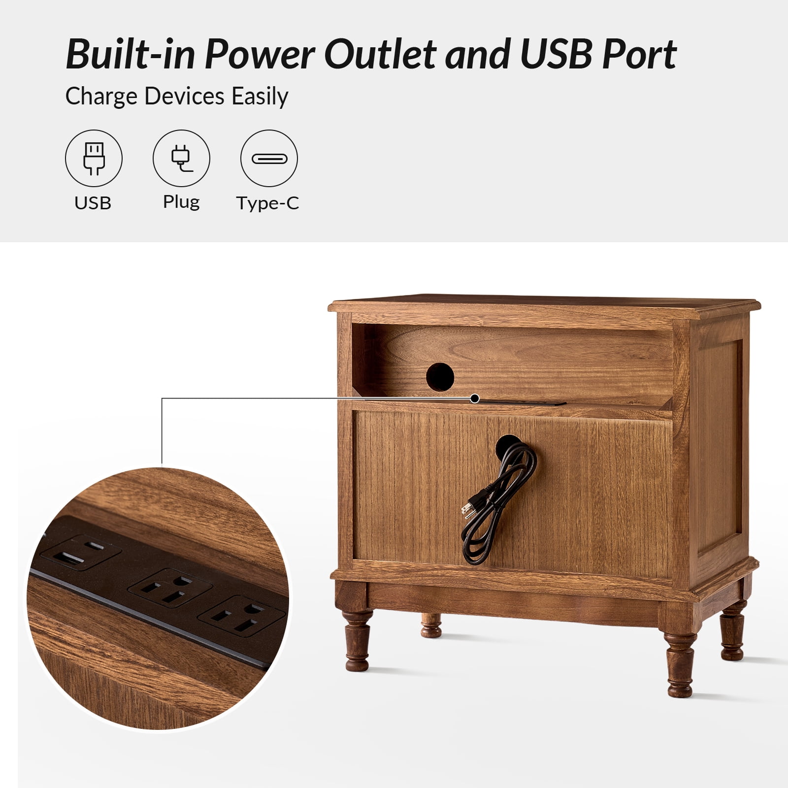 25" Traditional 2 Drawers Solid Wood End Table with Pull-out Tray and Charging Station Cherry
