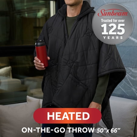 SUNBEAM ON-THE-GO CORDLESS HEATED THROW BLANKET WITH HOOD, BLACK NYLON/MICROPLUSH, 50X66