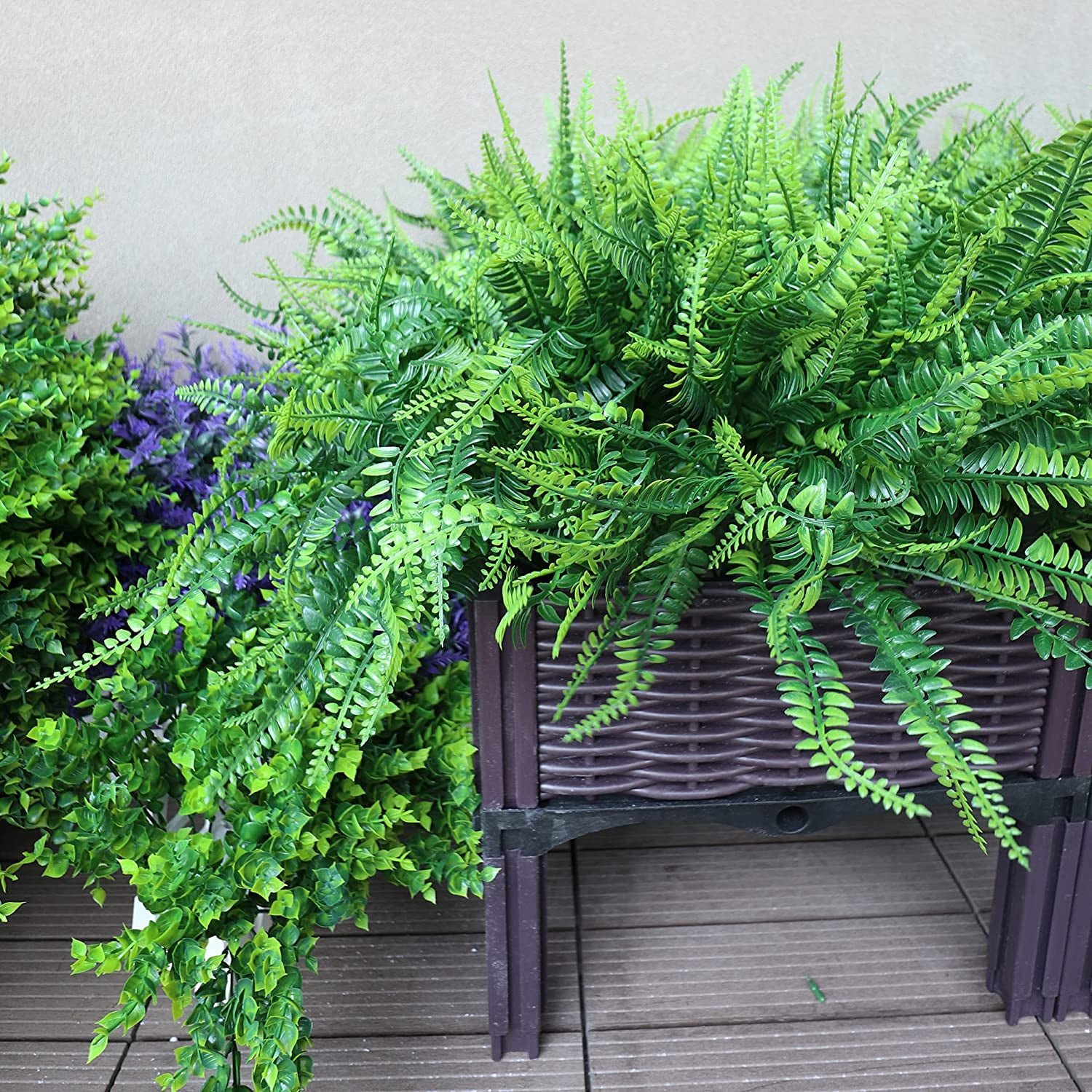 MAMOWEAR 12PCS Artificial Boston Fern Plants, UV Resistant Plastic Fake Plants Bushes Faux Shrubs Greenery for Hanging Planter Porch Garden Porch Window Box Home Decoration