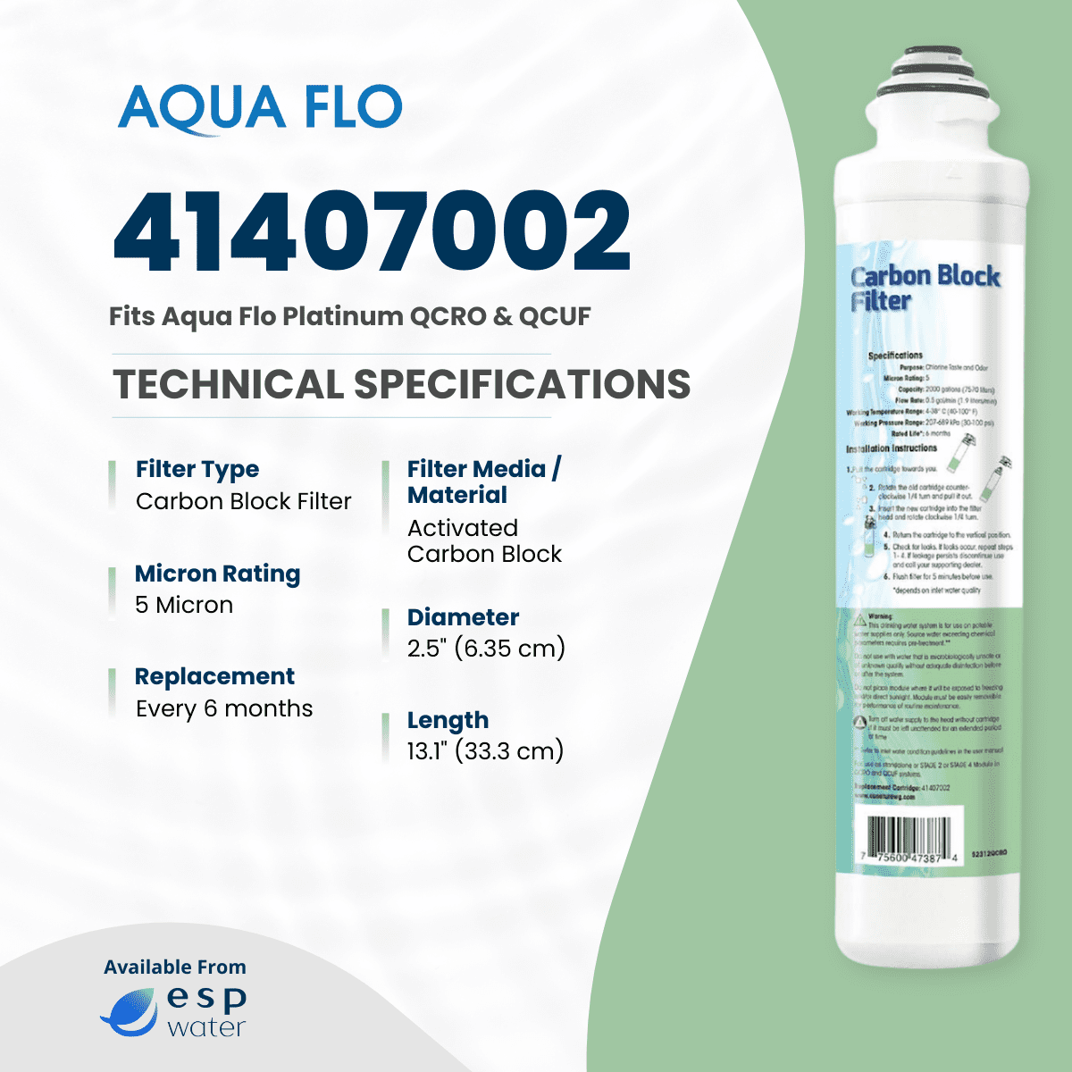 Aqua Flo 41407002 Carbon Block RO Filter, 5 Micron – Replacement for Platinum QCRO 4-Stage System