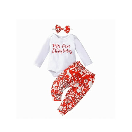 

Musuos Baby Christmas Outfits Letter Romper + Cartoon Pants + Headband