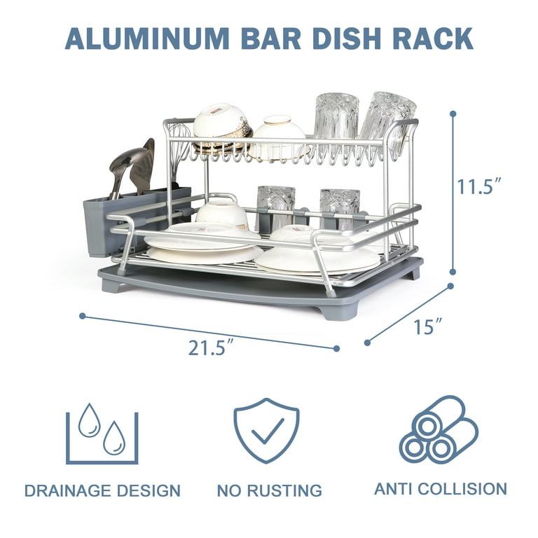 Karmas Product Dish Drying Rack with 360 Swivel Drain Board and Drain Spout,2 Tier Stainless Aluminum Dish Rack for Kitchen Countertop,Cutlery Holder