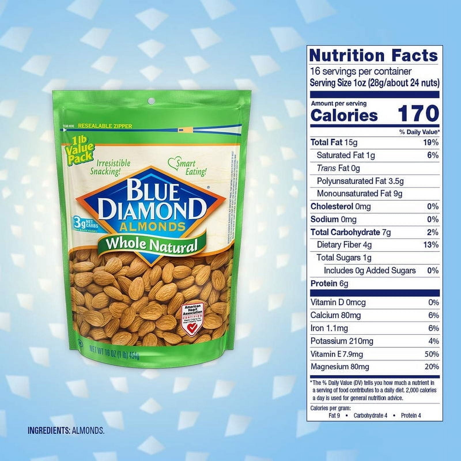 Pack of 6, Blue Diamond Whole Natural Almonds, 16 oz