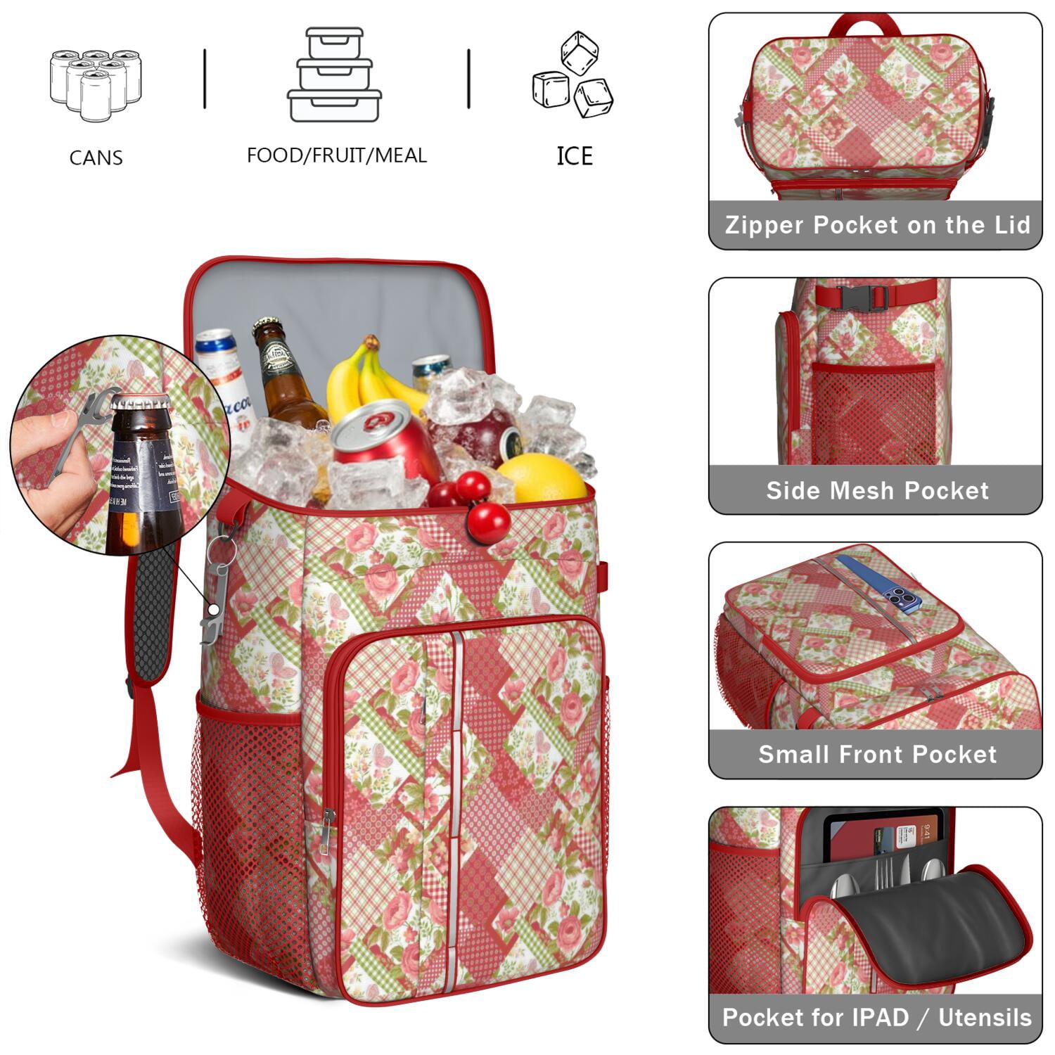 Travel Cooler Bag - Pioneer Flower Camping Beer Cooler Backpack with Bottle Opener- Waterproof Insulated Picnic Backpacks - Cooler Bag for Beach