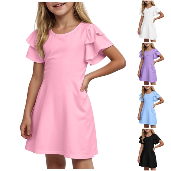 WUANDIXFA Girls Ruffle Sleeve Dresses Kids Summer Crewneck A Line Casual Dress 5-14 Years (Purple, 5-6 Years)