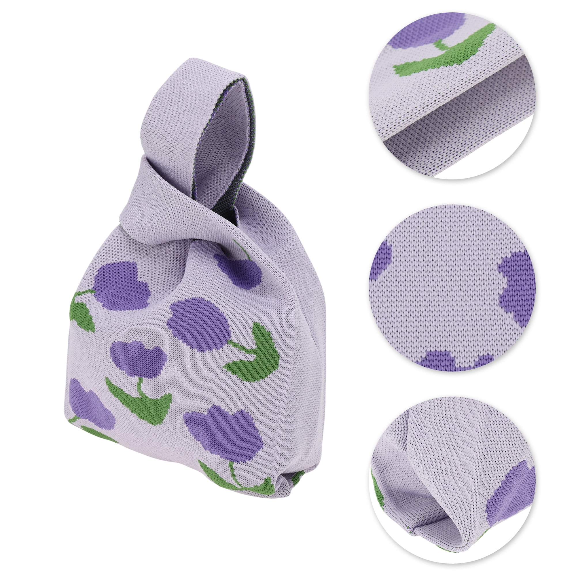 Unique Bargains Flowers Pattern Knitted Wrist Bag Purple 1 Pc