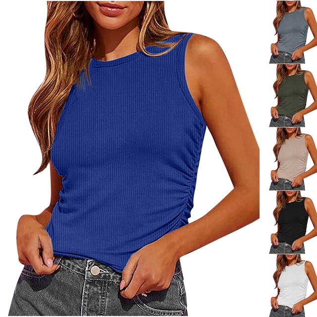 breaise Womens Tank Tops Plus Size Summer Sleeveless High Neck Ribbed Knit Slim Fitted Blouse Side Ruched Basic Tees Shirts Blue,XXXXL