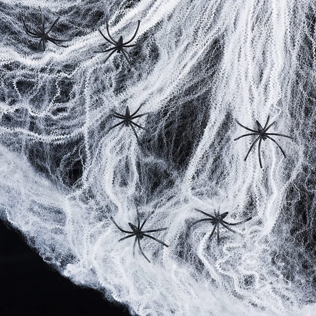 Ensemble de 5 Toiles d'Araignée Décoration Halloween avec 2 Araignées (Blanc)