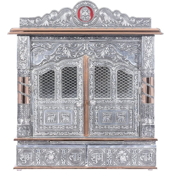 Home Pooja Wooden Mandir with Copper Oxidized Plated Puja Temple - Fully Assembled - 22 Inches with Doors
