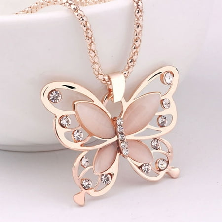 Fashion Women Rose Gold Opal Butterfly Charm Pendant Long Chain Necklace