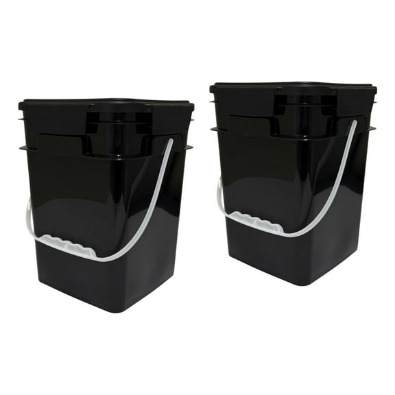 4 Gallon Square Food Grade Plastic Bucket with Lid, Made in USA (Pack of 2) BPA Free (Black)