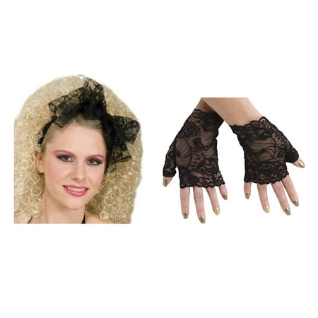 80'S Black Lace Hair Scarf and Gloves Headband Madonna Tie Band Costume