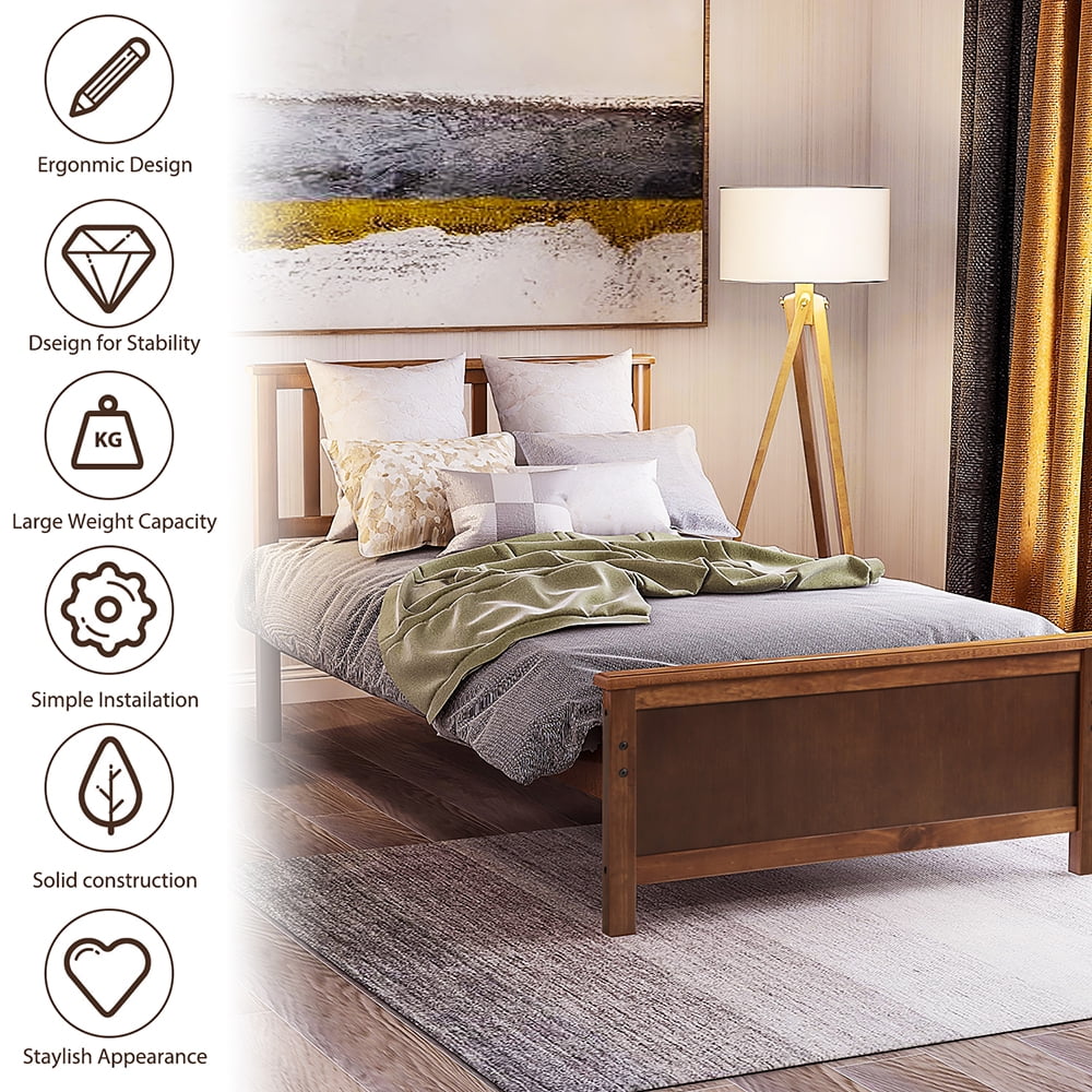 Lowestbest Twin Size Wood Platform Beds with Headboard, Footboard and Wood Slat Support, Walnut