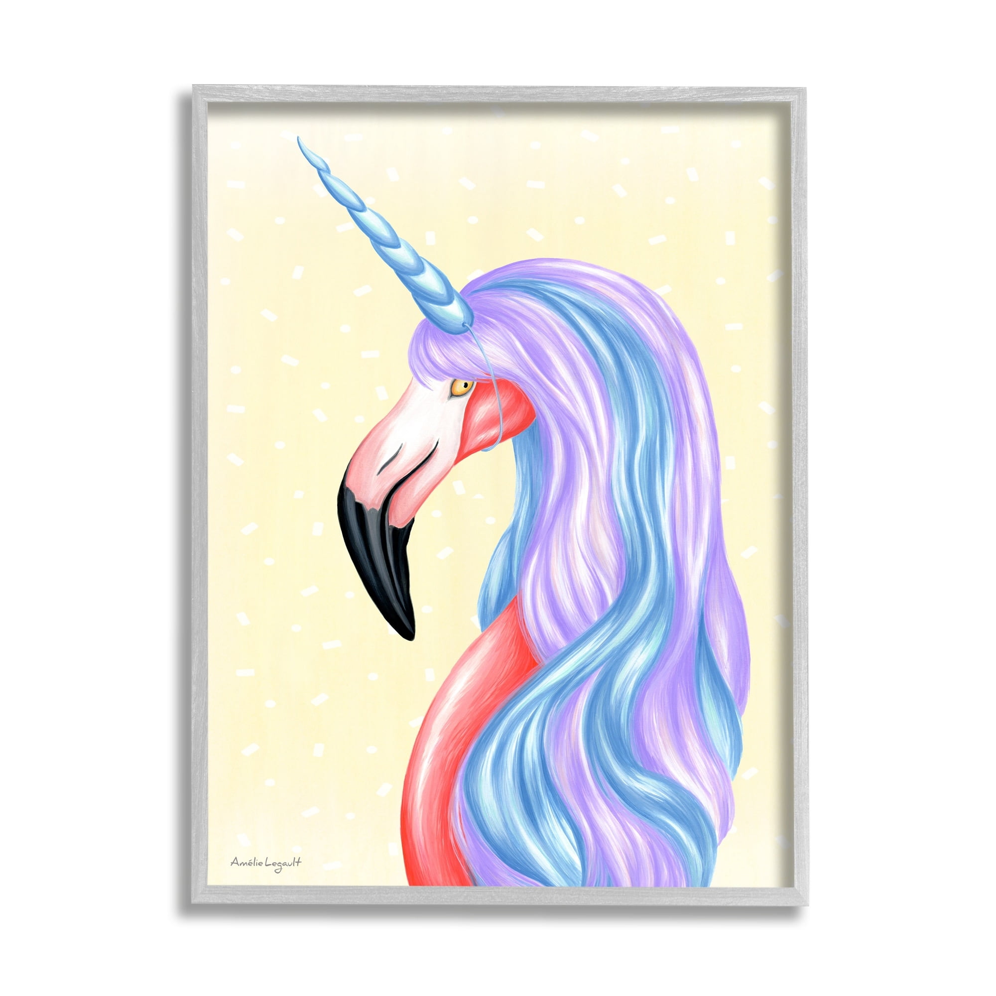 Stupell Industries Radiant Flamingo Bird Pastel Unicorn Horn Hair Graphic Art Gray Framed Art Print Wall Art, Design by Amelie Legault
