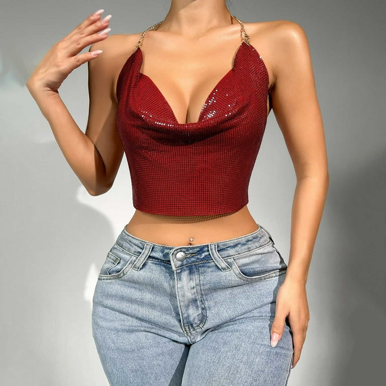 JGGSPWM Sparkly Sequin Tops for Women Backless Halter Glitter