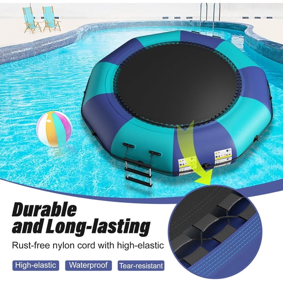 Datingday 12Ft Inflatable Water Trampoline,Recreational Water Bouncer,Floating Water Trampoline with 500W Electric Inflator & Rope Ladder,Kids Adults Portable Bounce Swim Platform for Lake,Pools