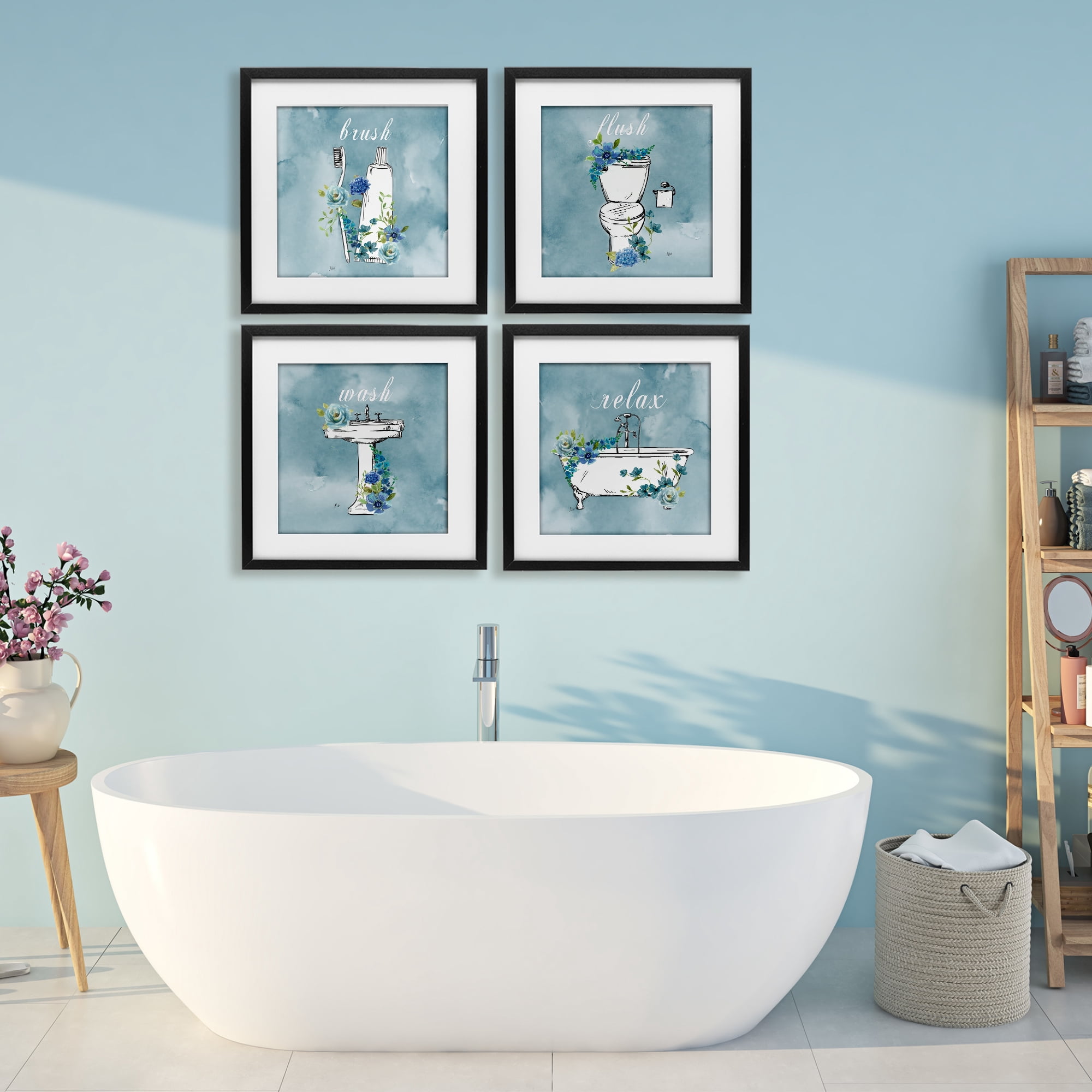 Stupell Industries Blue Floral Bathroom Rules 4 Piece Black Framed Print Under Glass Set, design by Nan